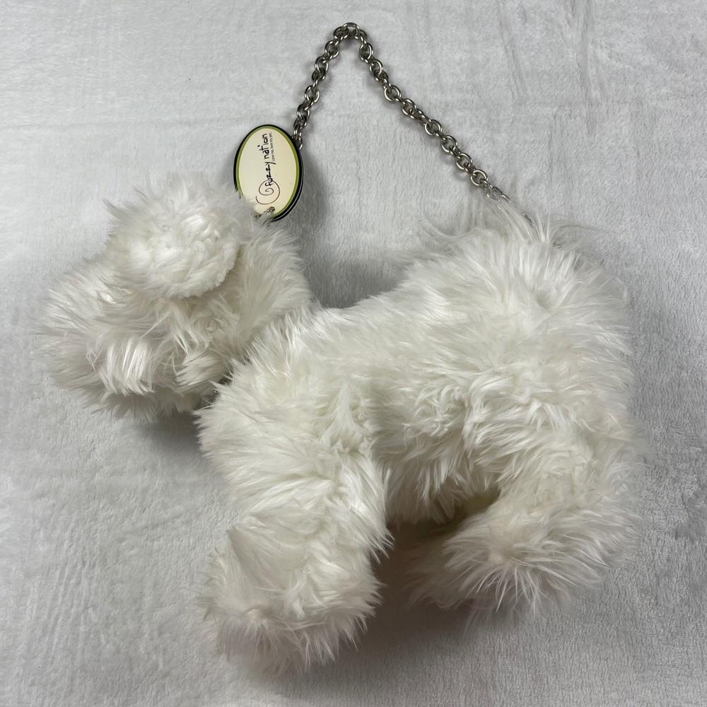 Fuzzy Nation Teacup Bichon Frise Plush Dog Purse White Faux Fur Chain Strap NWT